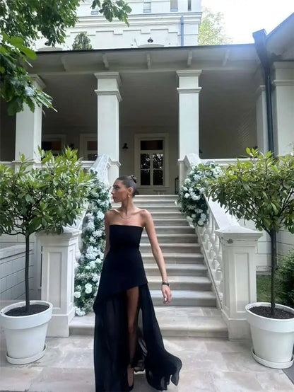 Mozision Elegant Strapless Sexy Maxi Dress For Women Gown With Scarf Off-shoulder Sleeveless Backless Split Beach Long Dress
