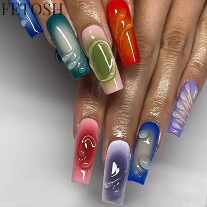 24Pcs 3D Long Ballet False Nails White Coffin Wave with French Design Wearable Fake Nails Gold Line Full Cover Press on Nails
