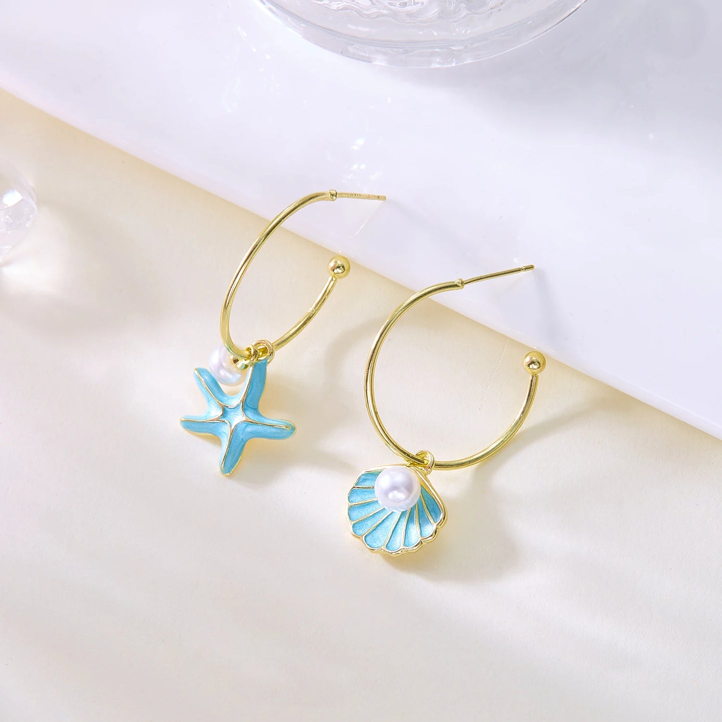 Ocean Series Conch Starfish Dangle Earrings for Women Summer Beach Asymmetrical Metal Enamel Earring Girls Party Jewelry Gift