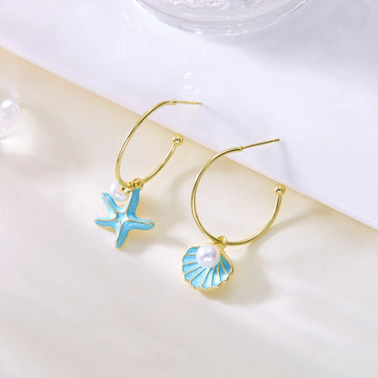 Ocean Series Conch Starfish Dangle Earrings for Women Summer Beach Asymmetrical Metal Enamel Earring Girls Party Jewelry Gift