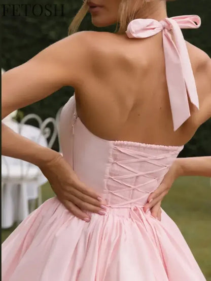 Sexy Lace-up Backless Pleated Halter Mini Dress Women Fashion Off Shoulder Puff Hem A-line Dresses 2025 Summer Lady Partywear