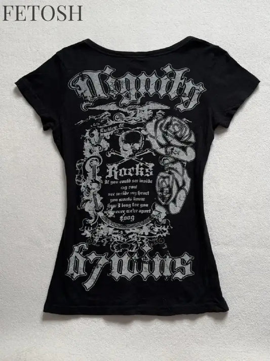 Skulls T Shirts Punk Vintage Women Clothes 90s Gothic Sexy American Slim Dark Tees Aesthetic Short sleeve Femme Clothing Y2k Top