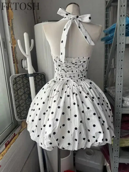VGH Sexy Temperament Tunic Ball Gown for Women Halter Sleeveless Patchwork Lace Up Short Prom Dresses Female Clothing Fashion