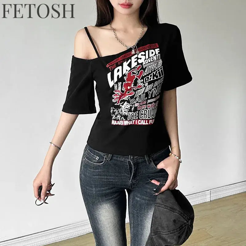 Gothic Tee Y2k Letter Print Off Shoulder Punk T-shirts Women Harajuku Summer Streetwear Grunge T Shirt Aesthetic Sexy