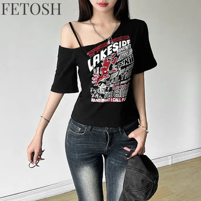 Gothic Tee Y2k Letter Print Off Shoulder Punk T-shirts Women Harajuku Summer Streetwear Grunge T Shirt Aesthetic Sexy Crop Tops