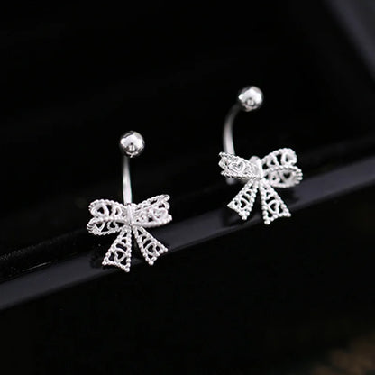 Real 925 Sterling Silver Lace Heart Hollow Bow Screw Buckle Puncture Stud Earrings for Women Fine Jewelry Minimalist Accessories
