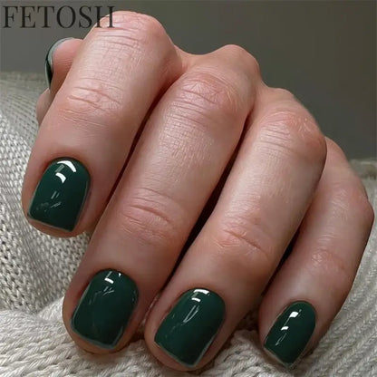 24Pcs/Set French Short Dark Green Press on Nail Art Full Coverage Removable Wearing False Nails Tips Adhesive Acrylic Fake Nails