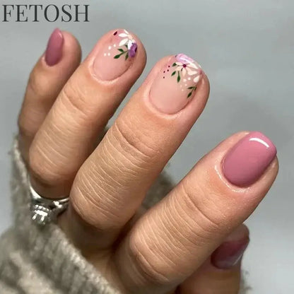 24Pcs Simple Square False Nails Short French Fake Nails Press on Colorful Flowers Design Full Cover Nail Tips Manicure Tools