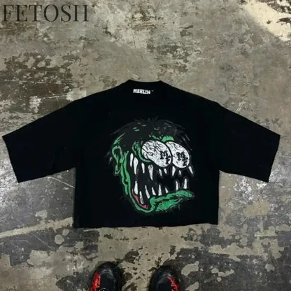 Streetwear Retro Clothing Mens Womens Harajuku Goth Cross Graphic Letter Print T Shirt Casual Cotton Seven Quarter Sleeves Tops