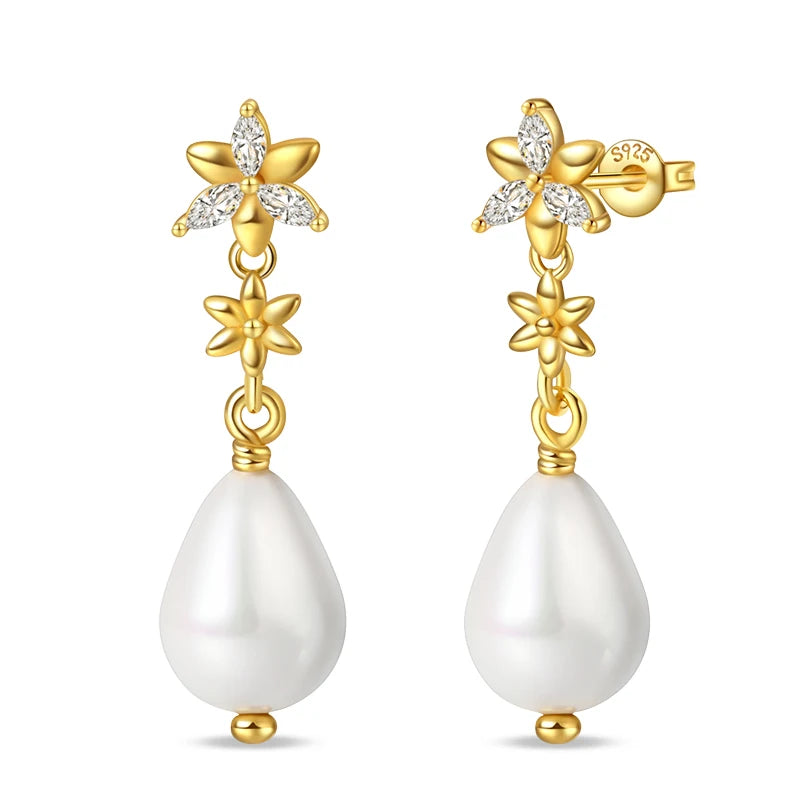 Women's 925 Sterling Silver Classic Gold Pearl Inlaid Earrings Elegant Suitable For Engagement Wedding Party Exquisite Jewelry