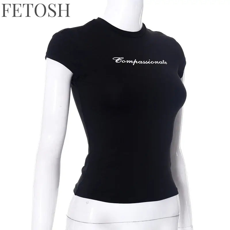 Y2k Streetwear Crop Tops Letter Print Black Tees Short Sleeve Graphics T Shirt Womens 2023