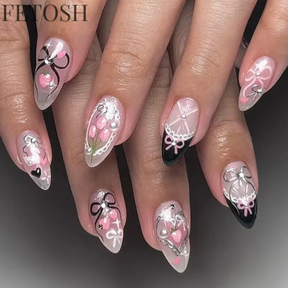 24pcs/Box Long Coffin False Nails Art Rose with Glue Wearable Nude Pink White Color Jelly Nails Tips Full Cover Press on Nails