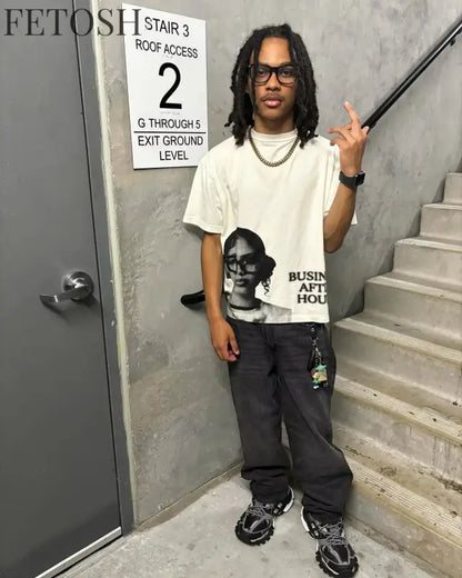 Europe and America Hip Hop character Printed Oversized T-Shirt Mens and Womens Retro Tshirt Street Casual Y2k Short Sleeved Tops