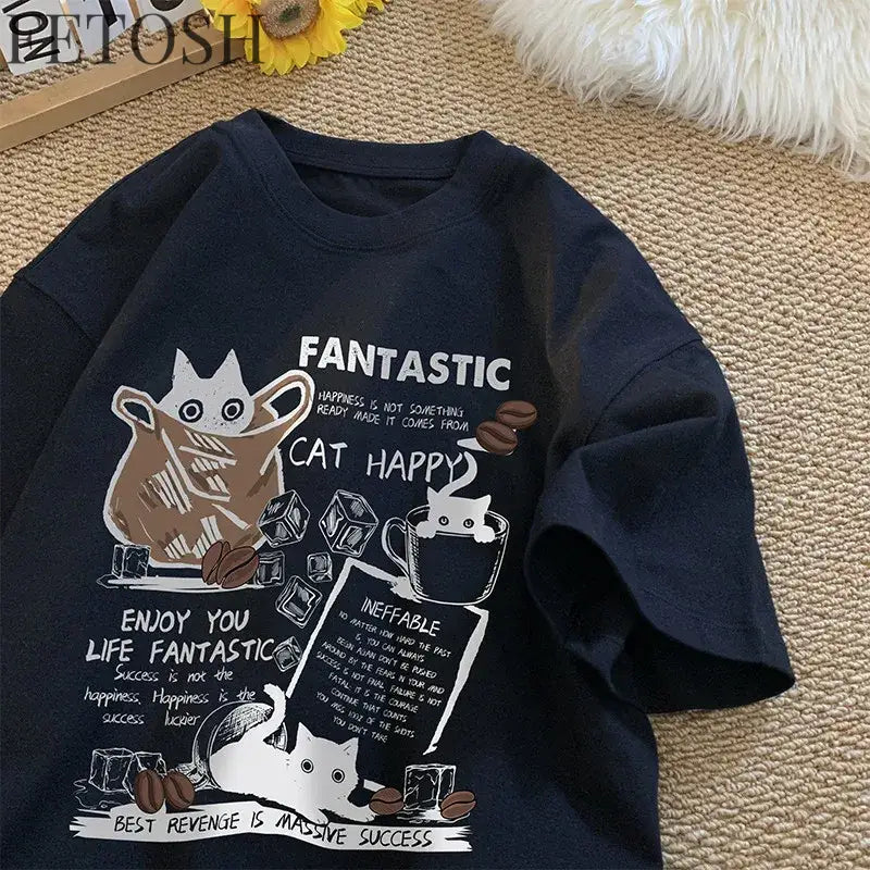 New Men Women T Shirt Pullover Oversize Korean version Cartoon Cat Group Printed T-Shirt Casual Short Sleeve Couples
