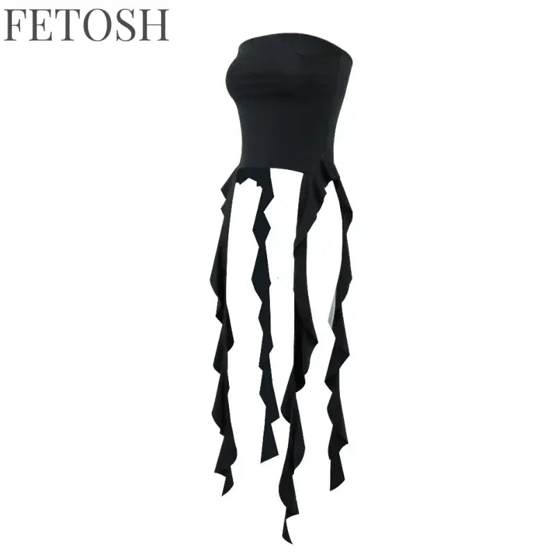 Y2k Tank Tops Asymmetrical Fringed Ruffle Top Streetwear Black Strapless Womans Summer Clothes Tank Top Women 2025