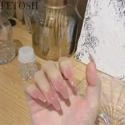 24pcs/Box Long Coffin False Nails Art Rose with Glue Wearable Nude Pink White Color Jelly Nails Tips Full Cover Press on Nails