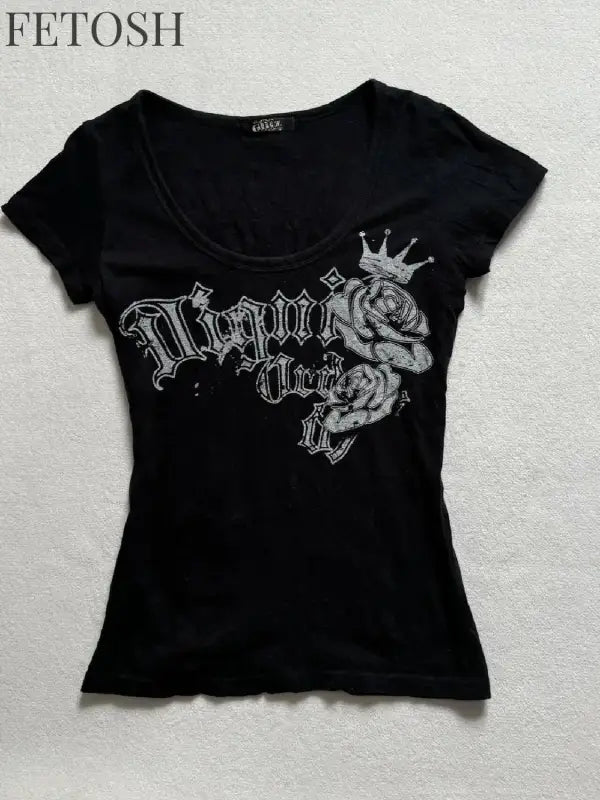 Skulls T Shirts Punk Vintage Women Clothes 90s Gothic Sexy American Slim Dark Tees Aesthetic Short sleeve Femme