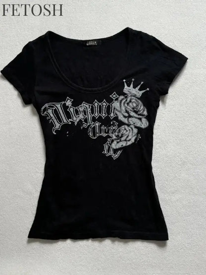 Skulls T Shirts Punk Vintage Women Clothes 90s Gothic Sexy American Slim Dark Tees Aesthetic Short sleeve Femme Clothing Y2k Top