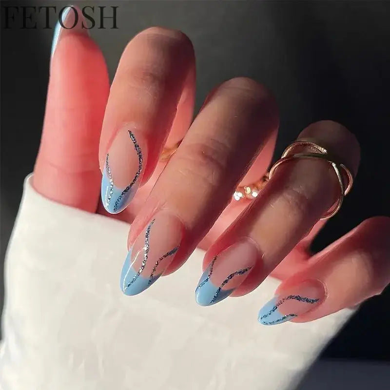 24Pcs Simple Green French False Nails Short Almond Fake Nails with Wave Line Design Wearable Round Head Press on Nail Tips