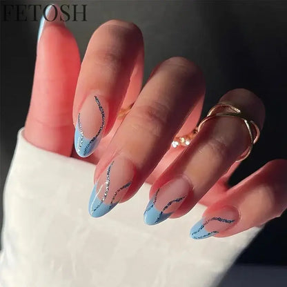24Pcs Simple Green French False Nails Short Almond Fake Nails with Wave Line Design Wearable Round Head Press on Nail Tips