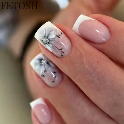 24Pcs Sweet Countryside Flowers False Nails Coffin with Jelly Glue Simple Flower Butterfly French Short Removable Wearable Nails