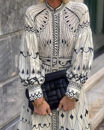 Retro Elegant Stand Collar Long Dress Women Spring Pattern Print Belted Buckle Party Dress Autumn Long Sleeve A-Line Boho Dress