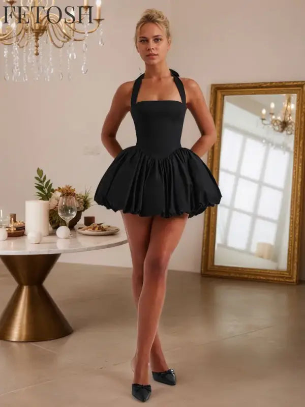 FSMG Sexy Solid Sleeveless Backless Halter Short Skirt Fashion Bow High Waist Slim A-line Dresses Summer Evening Party Vestidos