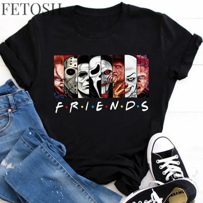 Friends T Shirt Best Stephen King Horror Characters Printed Cartoon Women Fashion Tops Oversized Tee Halloween Clothes Women