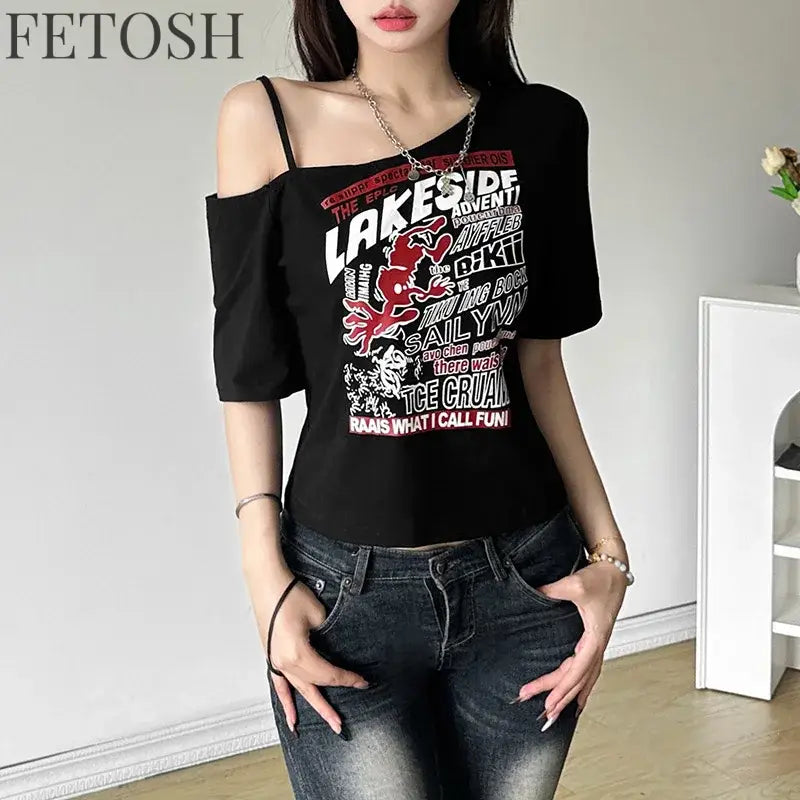 Gothic Tee Y2k Letter Print Off Shoulder Punk T-shirts Women Harajuku Summer Streetwear Grunge T Shirt Aesthetic Sexy