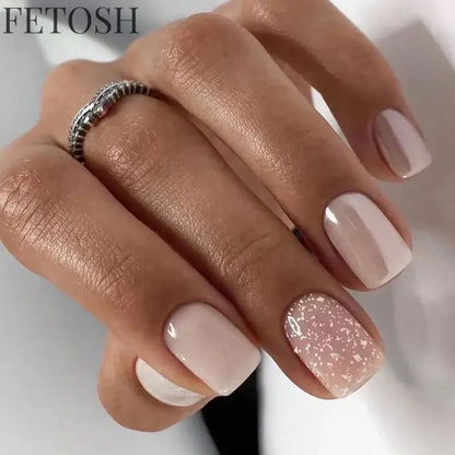 24Pcs Shiny Pearl Wearable False Nails Short Square Fake Nail Simple Summer Press on Nails Detachable Full Cover Nail Tips