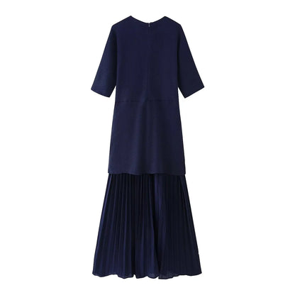 TRAFZA Women Elegant Half Sleeves O-Collar Pleated Dress Spring Woman Rear Zipper Splicing Vintage Casual Knitted Long Dress