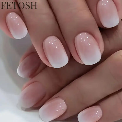 24Pcs Simple Square Head Fake Nail with Jelly Glue Pink White Gradient French Press on False Nails Short Full Cover Nail Tips