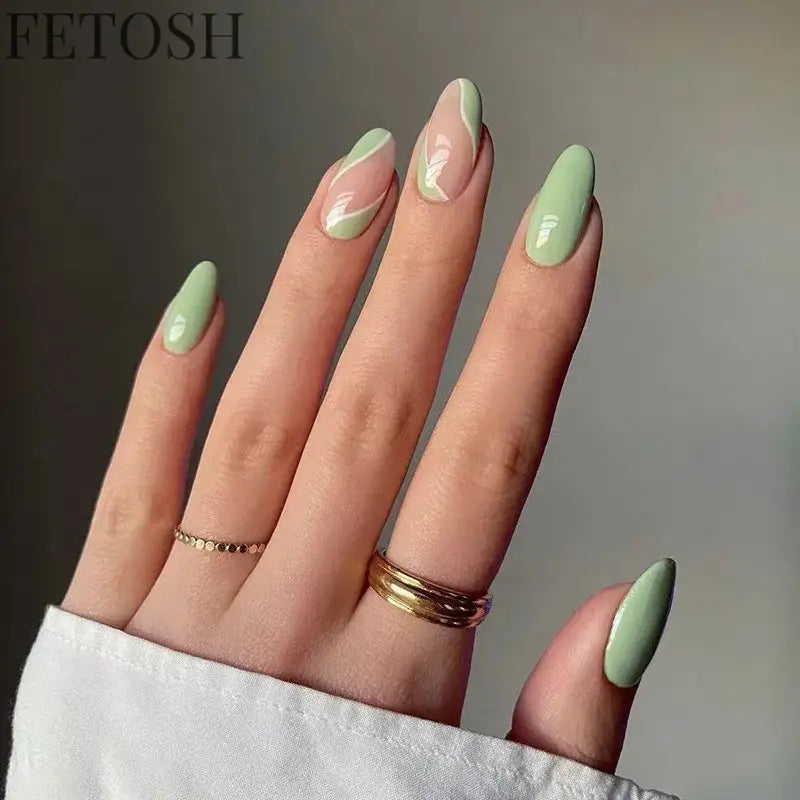 24Pcs Simple Green French False Nails Short Almond Fake Nails with Wave Line Design Wearable Round Head Press on Nail