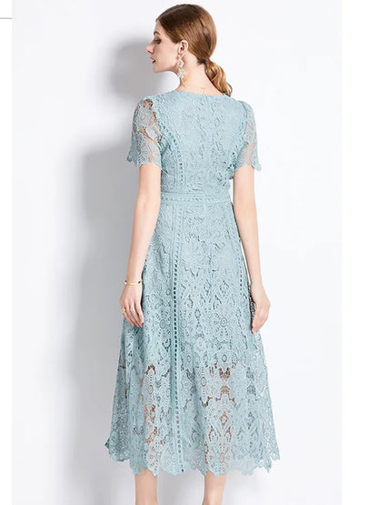 JAMERARY Vintage Holiday Lace Hollow Out Prom Dress For Women's Summer Slim Elegant Short Sleeve Long Dress Female Clothing