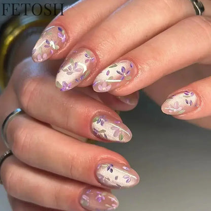 24Pcs Simple Green French False Nails Short Almond Fake Nails with Wave Line Design Wearable Round Head Press on Nail Tips