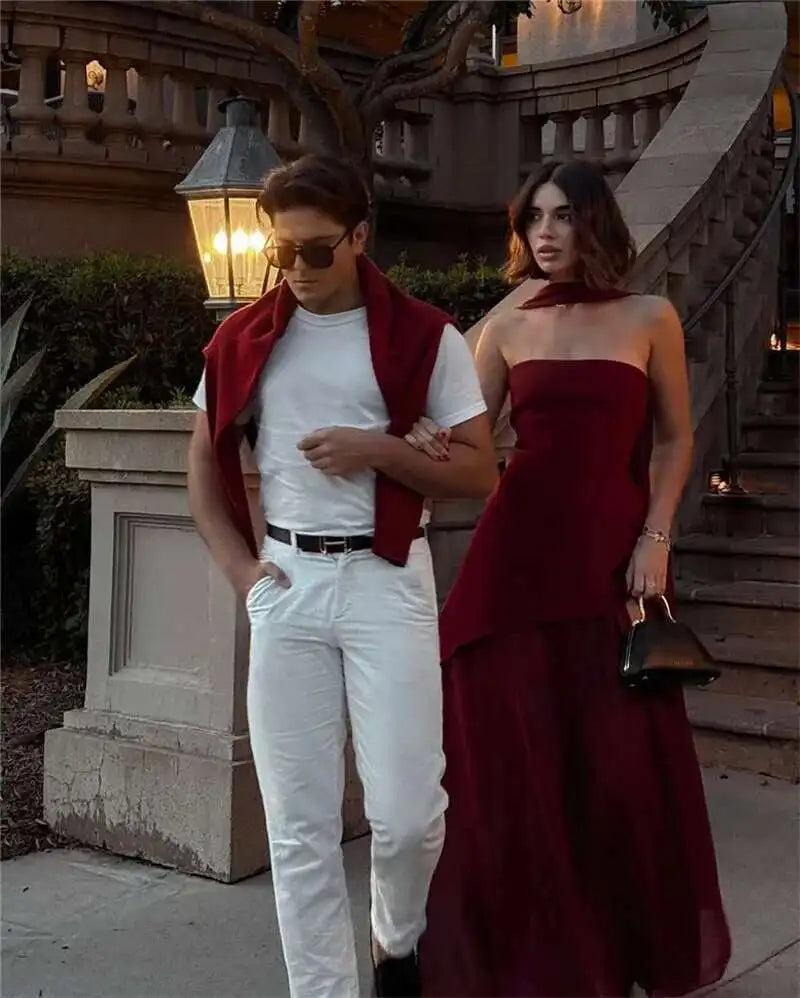 Mozision Elegant Strapless Sexy Maxi Dress For Women Gown With Scarf Off-shoulder Sleeveless Backless Split Beach Long Dress
