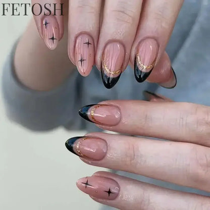 24Pcs Simple Green French False Nails Short Almond Fake Nails with Wave Line Design Wearable Round Head Press on Nail Tips