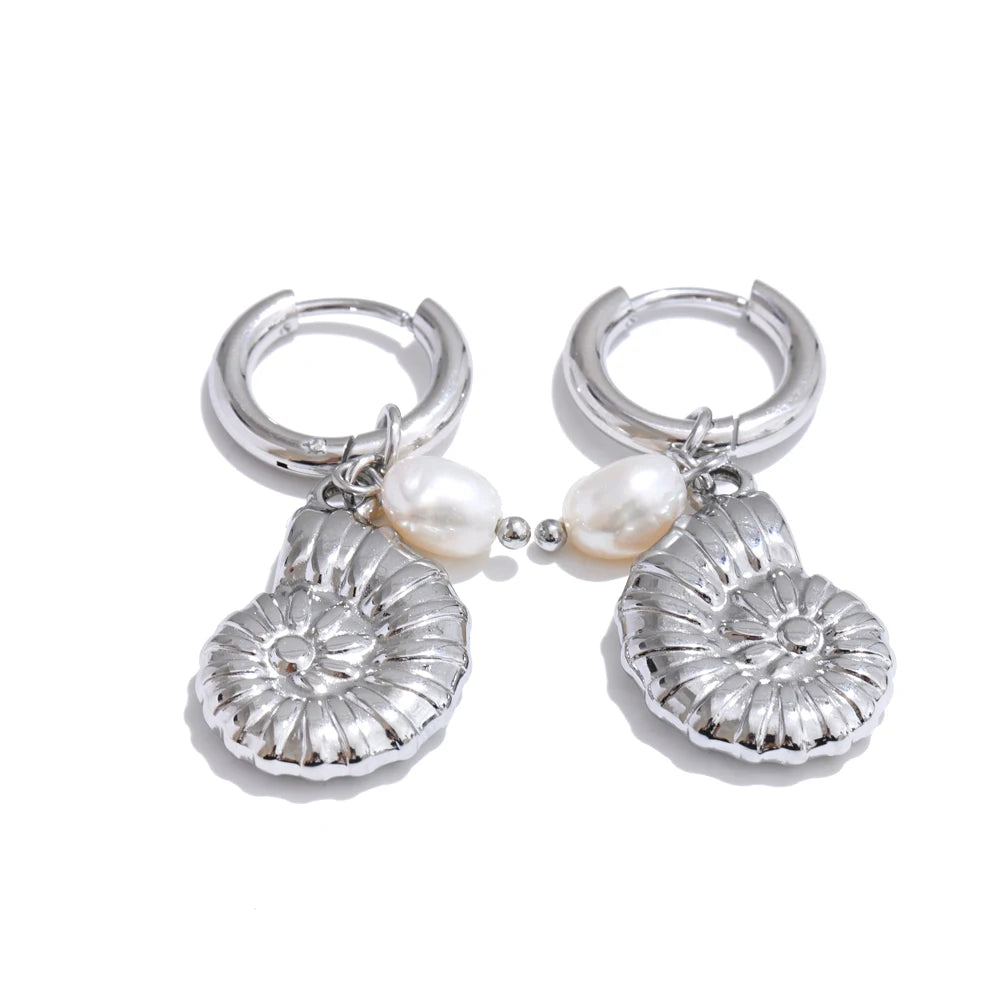 Yhpup Ocean Style Natural Pearl Conch Shell Starfish Drop Summer Hoop Earrings for Women Stainless Steel Holiday Daily Jewelry