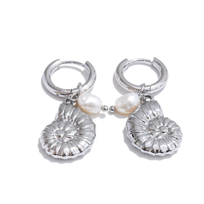 Yhpup Ocean Style Natural Pearl Conch Shell Starfish Drop Summer Hoop Earrings for Women Stainless Steel Holiday Daily Jewelry