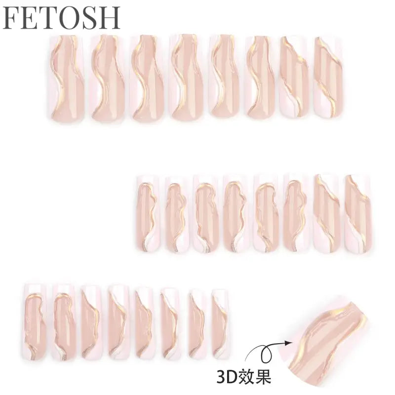 24Pcs 3D Long Ballet False Nails White Coffin Wave with French Design Wearable Fake Nails Gold Line Full Cover Press