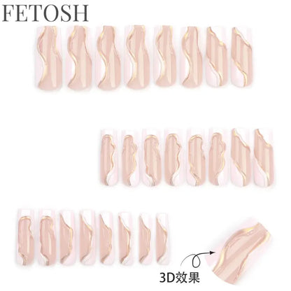 24Pcs 3D Long Ballet False Nails White Coffin Wave with French Design Wearable Fake Nails Gold Line Full Cover Press on Nails