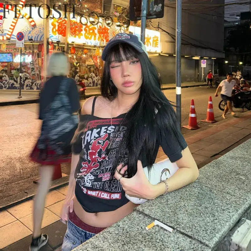 Gothic Tee Y2k Letter Print Off Shoulder Punk T-shirts Women Harajuku Summer Streetwear Grunge T Shirt Aesthetic Sexy