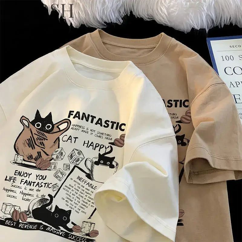 New Men Women T Shirt Pullover Oversize Korean version Cartoon Cat Group Printed T-Shirt Casual Short Sleeve Couples