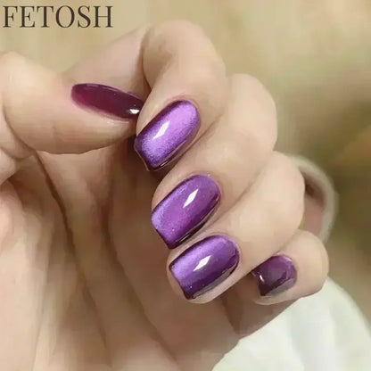 24pcs Crystal Cat Eye False Nails with Glue Short Square Press on Nails Shiny Red Jewel Nail Solid Color Fake Nails Minimalis