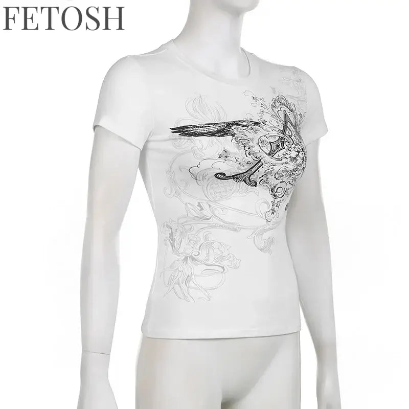 Retro Graphic Crop Top White Short Sleeve O Neck Casual T Shirt for Women y2k Aesthetic Vintage Basic Tees Ladies