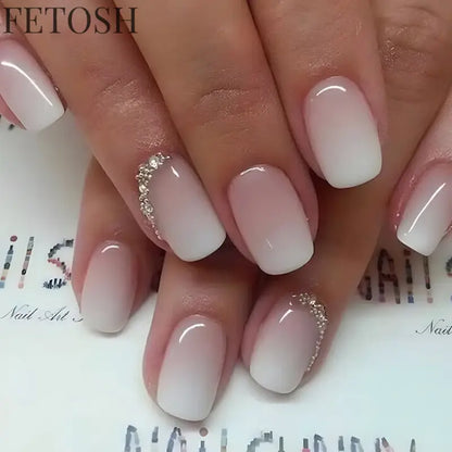 24Pcs Simple Square Head Fake Nail with Jelly Glue Pink White Gradient French Press on False Nails Short Full Cover Nail Tips