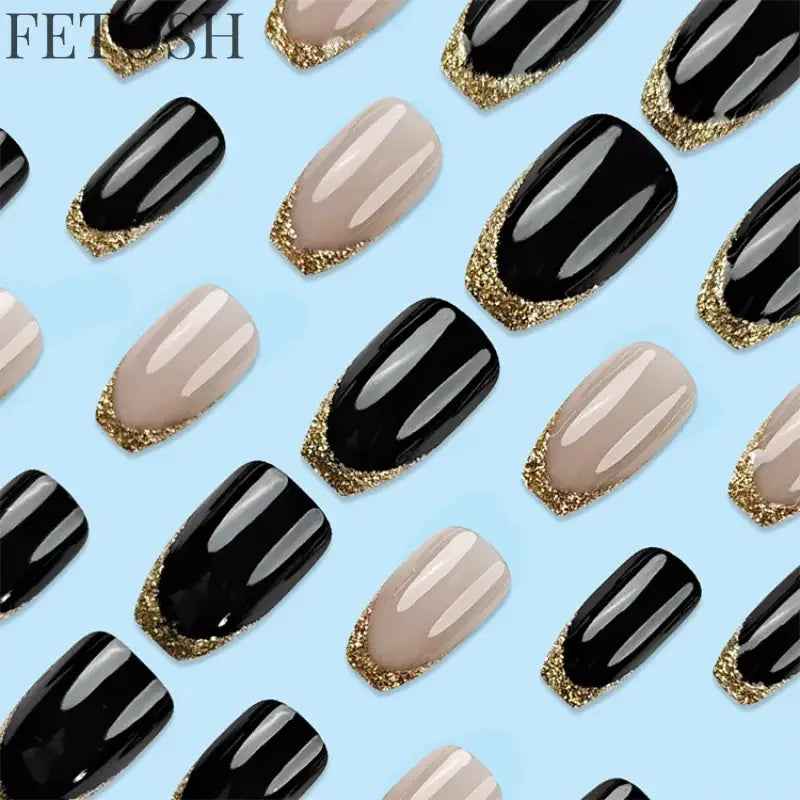 24Pcs Glossy Square Fake Nails Set Gold Powder Full Cover French False Nails Glitter Vintage Press on Acrylic Nail