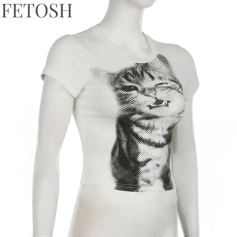 Harajuku Animal Print Crop Top Basic White Short Sleeve Crewneck T-shirt Women Casual Slim-fitting Tees Lady y2k Vintage