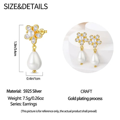 Women's 925 Sterling Silver Classic Gold Pearl Inlaid Earrings Elegant Suitable For Engagement Wedding Party Exquisite Jewelry
