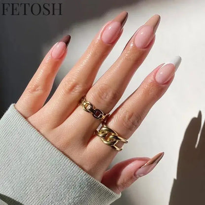 24Pcs Simple Green French False Nails Short Almond Fake Nails with Wave Line Design Wearable Round Head Press on Nail Tips